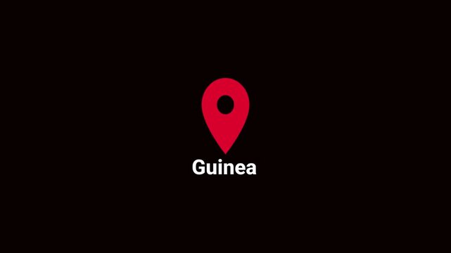 Abstract Guinea map location pin animation. Country location pin pointer icon animated on black background, GPS location tracking animation. 4K video	