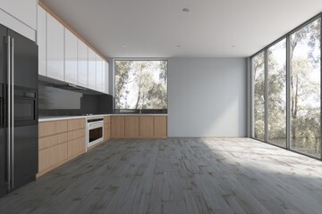 Obraz premium Modern kitchen interior features dark cabinetry and expansive floor to ceiling windows overlooking natural surroundings