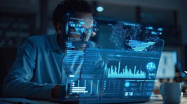 A man in a blue shirt and glasses looks at a laptop with futuristic screens and graphs floating above it in a dimly lit office