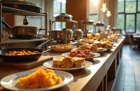 Hotel restaurant buffet table with various dishes, drinks. Food is displayed in chafing dishes, on plates. Orange juice, bread are visible. Sun light streams through windows creating warm atmosphere.