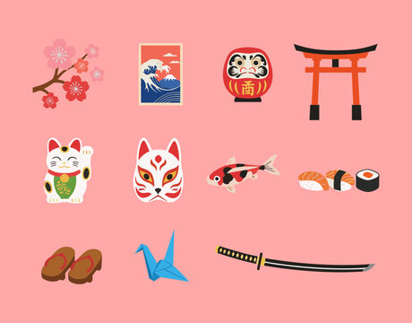 Japanese Culture Icons Set with Sushi Koi Fish Maneki Neko Lucky Cat Torii Gate Origami Crane and Cherry Blossom Floral Elements
