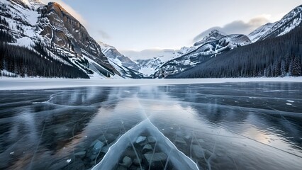 Frozen lake in snowy mountain landscape with ice and rocks