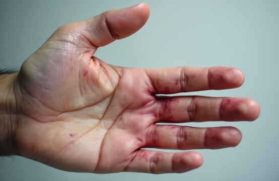Male hand shows red discoloration and marks on fingers and palm, indicative of poor circulation or cold exposure. Skin shows signs of discomfort and sensitivity. Condition related to poor blood flow.