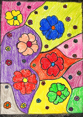 Colorful Flowers hand drawing with crayon on paper