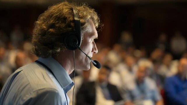 Medium shot of a conference speaker using AI subtitle tools to ensure inclusive communication through flawless instant transcription on their presentation.