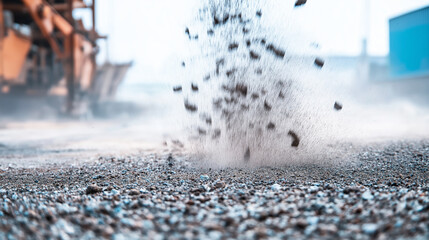Falling gravel and dust creating impact on textured ground, industrial construction site with heavy equipment