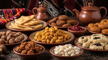 Assorted baked goods and treats arranged on a table with pottery