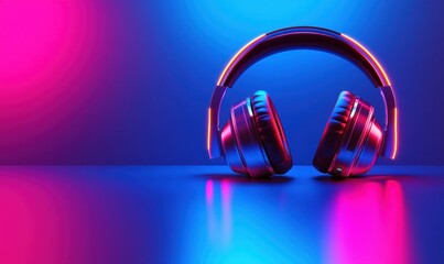 Headphone audio equipment lit with vibrant pink and blue neon lights