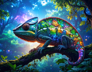 Vibrant chameleon camouflaging in lush forest nature photography colorful environment artistic viewpoint
