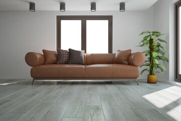 modern room with leather sofa with pillows, plant in flowerpot and four black lamps on ceiling interior design. 3D illustration