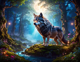 Majestic wolf standing by a moonlit stream enchanted forest digital art nighttime nature's serenity