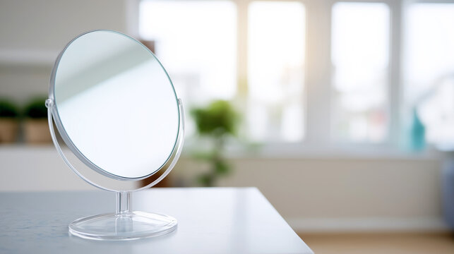 Oval vanity mirror reflecting soft natural light in a bright home interior, concept of beauty, self care, and clear space