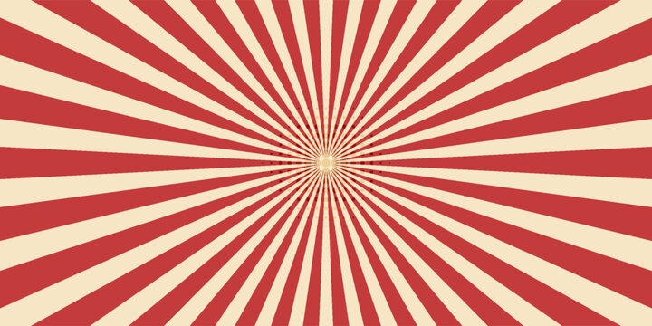 Red sunburst lines on yellow Background. Light sun rays pattern. Vintage stripes halftone radial wallpaper for poster, banner, advertising backdrop, comic or circus scene.
