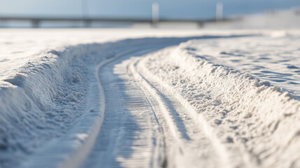 Snowy landscape showcasing tire tracks curving through fresh snow during winter, guiding towards a distant horizon
