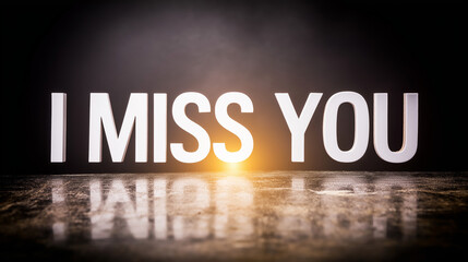 White 3D lettering forming I MISS YOU on a dark surface with light glowing from below, conveying emotion and absence