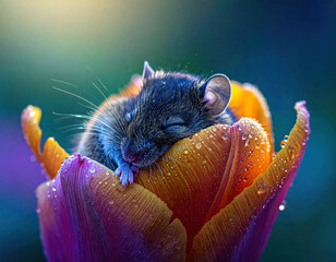 Sleeping mouse in colorful tulip nature macro photography peaceful garden close-up wildlife beauty