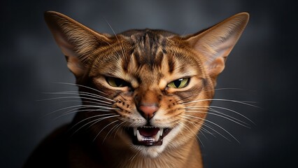 angry brown tabby cat portrait closeup.