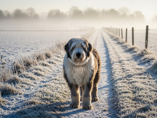 Dog standing on frost-covered path in winter landscape  