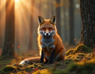 Fototapeta premium Red fox sits in forest at sunrise. Sunlight beams through trees illuminating animal fur. Creature looks alert, alertly watches scene around it. Wild nature life outdoors.