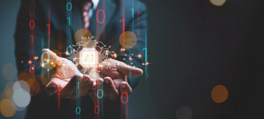 Businessman Holding AI Circuit Board, Artificial Intelligence Technology Concept. Glowing circuit board and abstract digital elements symbolize advanced technology, innovation, and machine learning.