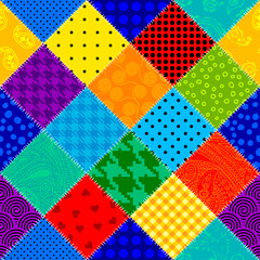 Fototapeta premium Colorful vibrant colors patchwork flat cartoon seamless vector pattern. Handmade patchwork quilt style background for textile concept or fun modern