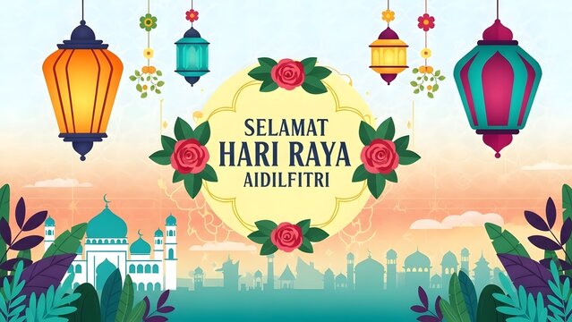 Vibrant selamat hari raya aidilfitri greeting with lanterns and cityscape