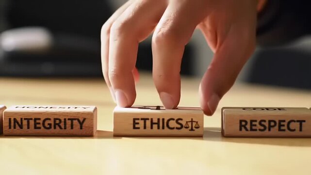 Wooden blocks with the words INTEGRITY, ETHICS, and RESPECT are being arranged by a hand, symbolizing core values in business and life