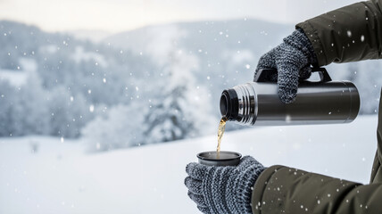 Person pouring hot beverage from thermos in snowy winter landscape  