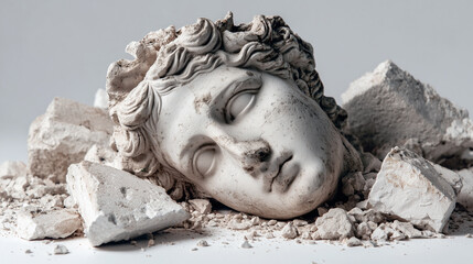 Broken Greek statue head rests on white background amongst stone fragments. Classical sculpture piece displays intricate details of a serene face. Remains of an ancient artifact