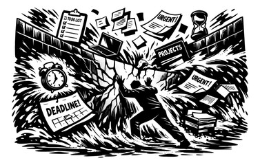 Fototapeta premium Overwhelmed worker struggles with urgent deadlines and tasks in chaotic office environment