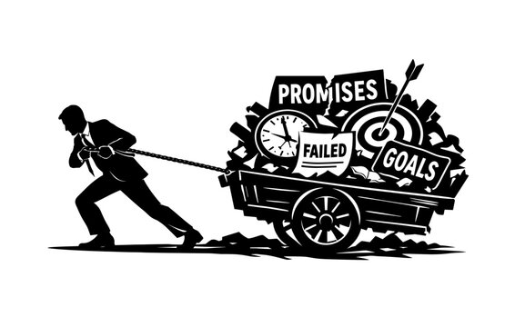 Determined male figure pulling cart of broken promises and failed goals