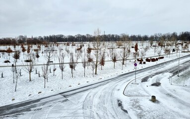 High angle view of snowy city park landscape with skyline
