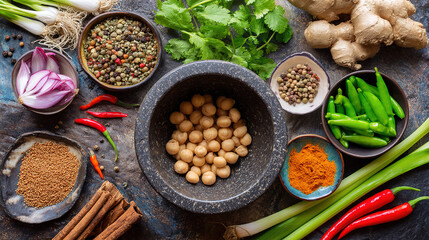 Asian cuisine ingredients beautifully arranged on a rustic stone surface with fresh herbs and spices.
