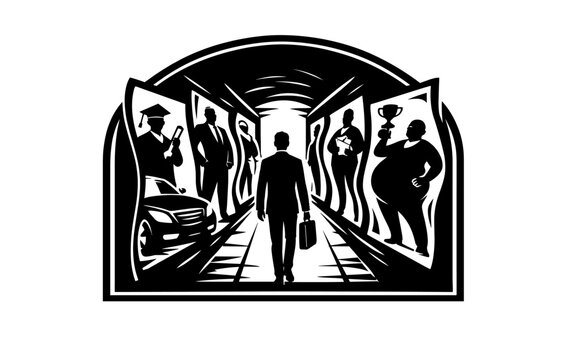 Silhouette of a businessman walking through life's journey with success archetypes