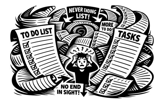 Overwhelmed person with endless to-do lists and tasks in black and white illustration