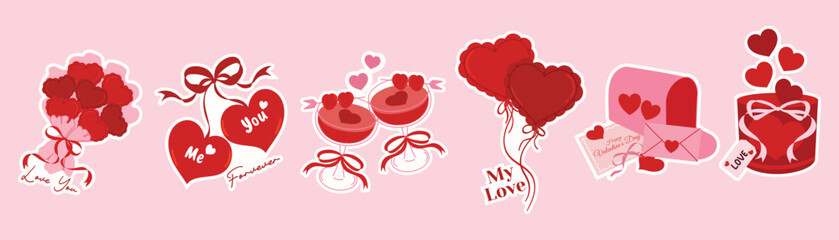 Fototapeta premium Valentine sticker banner vector illustration with hand drawn roses, hearts, love letters, and romantic labels in red and pink on light pink background. Cute romantic design for planner stickers.
