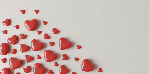 Horizontal composition of red glossy hearts on a neutral gray background with copy space
