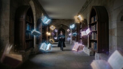 Education A mystical library scene with floating books and an enchanting atmosphere.