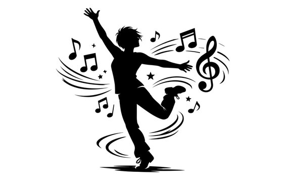 Silhouette of dancing person with music notes and swirls