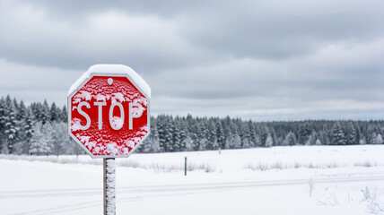 Snow-covered stop sign in winter landscape with cloudy sky  