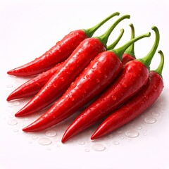 3D semi-realistic illustration of ripe red chilies clustered together, elongated glossy surfaces with rich crimson tones, natural stem details, realistic moisture droplets, rounded 3D volume