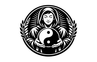 Monochrome asian male with yin-yang symbol and laurel elements in circular design