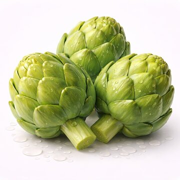 3D semi-realistic illustration of whole artichokes with layered green bracts, smooth waxy sheen, compact rounded form, realistic moisture droplets, strong rounded volumetric depth