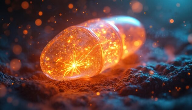 Artistic digital illustration of glowing mitochondrion inside cell. Image detailed molecular texture, dynamic orange blue tones. Features cinematic lighting, vibrant highlights. Composition centered,