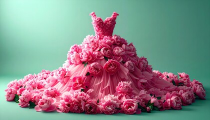 A surreal, absurdly beautiful pink dress made of flowers on a green background