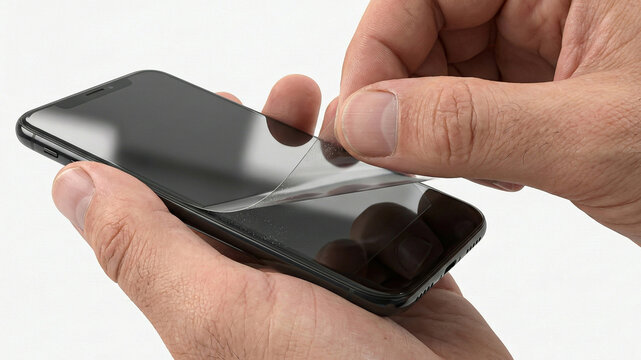 A person carefully applies a protective glass film onto a smartphone screen, illustrating device care, precision, and everyday mobile maintenance