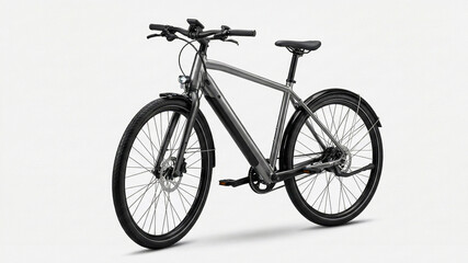 Obraz premium A modern city bicycle stands in a three-quarter view on a clean white background, highlighting minimalist design, mobility, and everyday urban transport