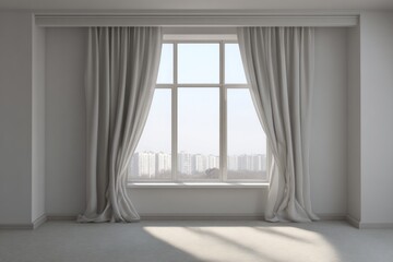 Fototapeta premium Interior room features large window dressed with flowing light colored draperies overlooking an urban scene