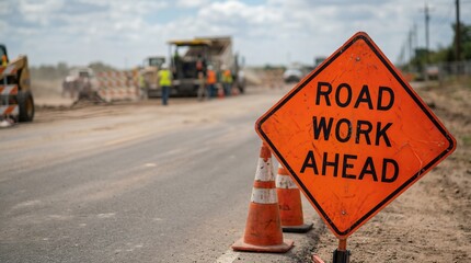 Road work ahead sign positioned prominently on a construction site, with workers and machinery in the background, indicating ongoing road maintenance and safety measures