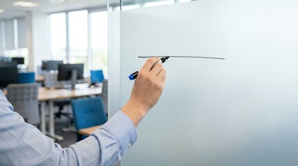 Person's hand wearing a light blue shirt holding a black marker and drawing a horizontal line on a frosted glass panel in an office setting writing planning brainstorming idea strategy